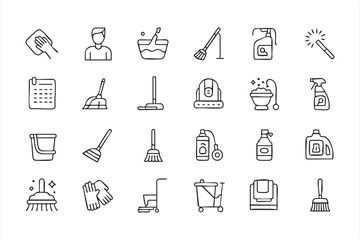 Cleaning And Housekeeping Outline Icons Featuring Vacuum Mop Bucket Spray Bottle And Hygiene Tools