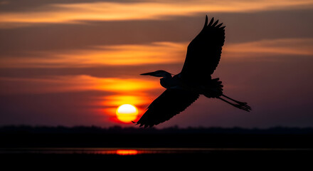 Fototapeta premium Silhouette of a heron bird standing in water at sunset