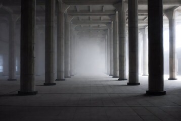 Fototapeta premium A long, dimly lit concrete tunnel with numerous columns. It suggests a sense of isolation and vastness.