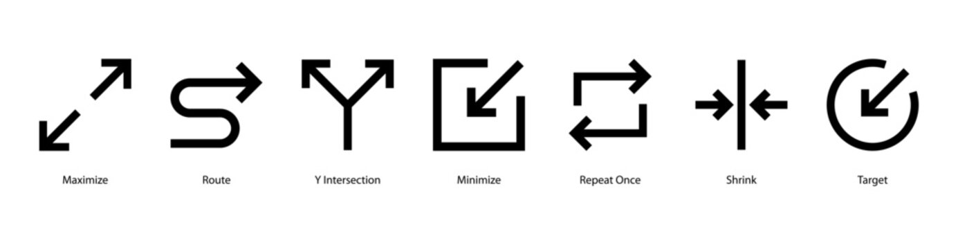 Path and Targets web banner icon vector illustration featuring Maximize, Route, Y Intersection, Minimize, Repeat Once, Shrink, and Target.
