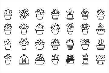 Houseplants And Potted Plants Outline Icons Featuring Succulents Cactus Flowers And Botanical Decor