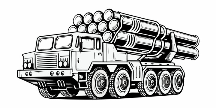 Military Multiple Rocket Launcher System Heavy Artillery Truck Line Art Illustration