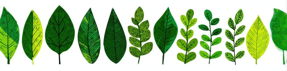 Pixelated Green Leaves of Various Shapes Displaying Retro Digital Art Style on White Background, Featuring an Array of Leaf Designs in Bright Green and Dark Green Colors
