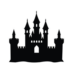 Obraz premium medieval castle with towers silhouette vector illustration, Fairytale castle silhouette with intricate towers and battlements standing proudly on a wavy base vector illustration
