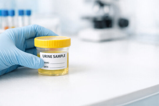 Lab technician holding plastic container with urine sample for medical analysis. Healthcare worker in clinic performing diagnostic clinical test. Professional laboratory research concept.