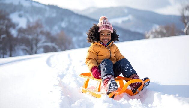 Joyful Child Sliding Down Snowy Hill on Sled During Winter.