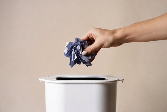 A hand is discarding a crumpled blue paper ball into a trash can. A studio backdrop serves as the setting.