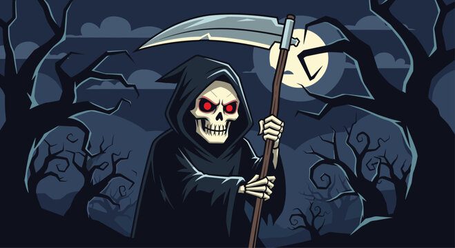 Scary grim reaper character holding a large scythe in a dark spooky forest at night with a full moon behind him.