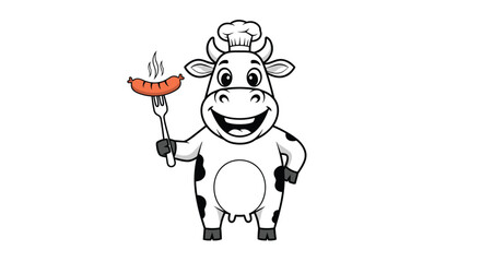 Fototapeta premium Happy cow chef mascot wearing a white hat and holding a fork with a steaming grilled sausage for a barbecue party.