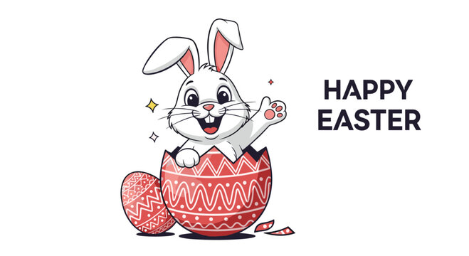 Cute white easter bunny waving while sitting inside a cracked red decorated egg shell with happy easter text.