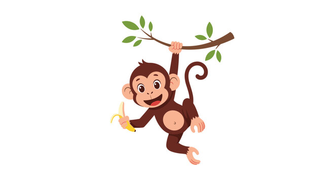 Playful brown monkey hanging from a tree branch while holding a half peeled banana on a plain white background.