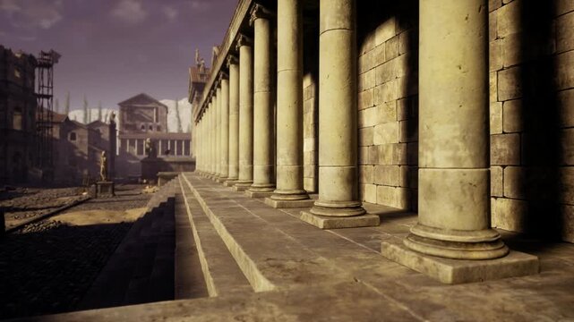 Empty Antioch colonnade leading to forum. Long stone pavement and repetitive pillars create strong perspective warm morning haze, silent market memory, sense