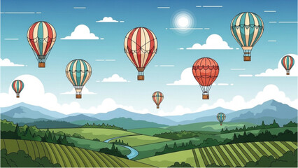 Hot air balloons float gently over a serene landscape with mountains © Stock Image Paradise