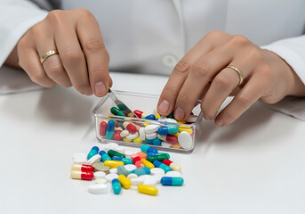 Close-up of Professional Pharmacist's Hands Carefully Counting and Sorting Pills on Sterile Surface, Emphasizing Precision and Medication Safety