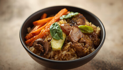 Savory rice bowl with grilled vegetables and basil, warm comfort food and rustic appeal