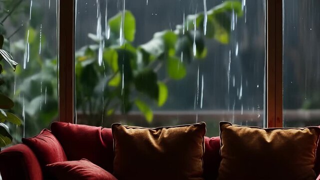 Cozy Living Room with Red Sofa by Window During Heavy Rain