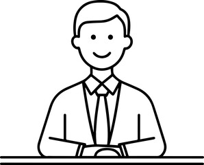 Obraz premium Hand Drawn Man Sitting at Desk Black and White Avatar Illustration in Minimal Line Art Style Design