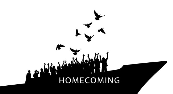 Homecoming Silhouette: People on Ship Deck with Birds Flying Free