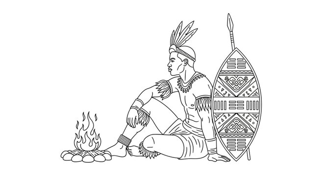 Indigenous Warrior Sitting by Campfire with Shield and Spear