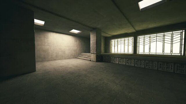 Sparse rehearsal studio with concrete steps and wide window light, open floor ideal for practice and performance, textured walls, minimal props and hushed