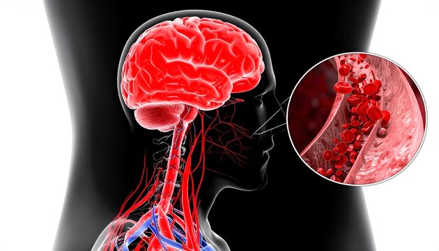 Detailed 3D Illustration of Human Brain Anatomy Showing Blood Vessel Constriction and Red Blood