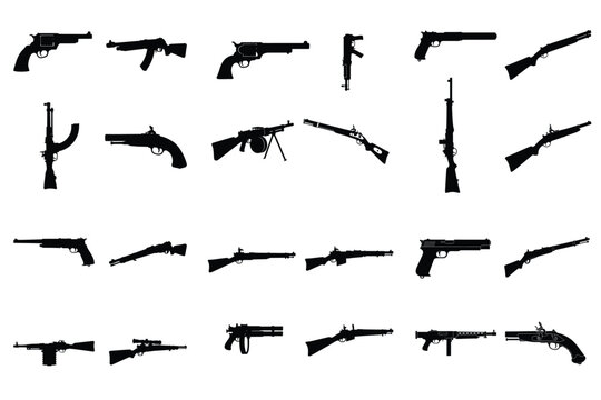 Silhouettes of various firearms including pistols, rifles, and shotguns
