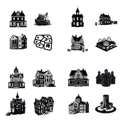 Fototapeta premium Collection of black and white architectural silhouettes including historical houses, gothic church, victorian mansions, abandoned shipwreck, and amusement park structures.