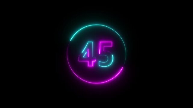 Colorful neon number 50-0 countdown animation with glowing circular digital timer ring, futuristic luminous numeric display and modern technology interface background