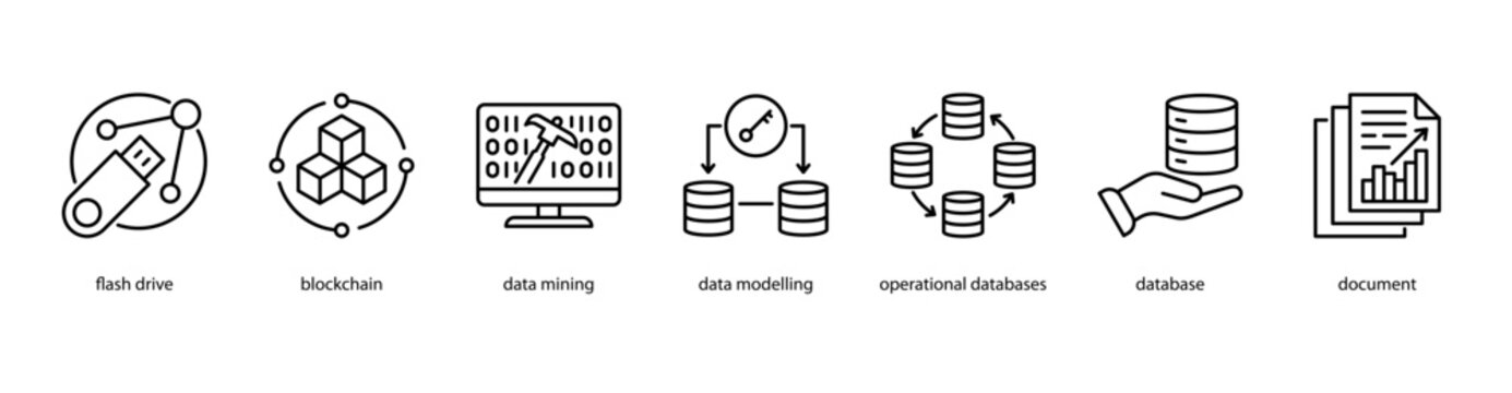 Digital Infrastructure web banner icon vector illustration featuring Flash Drive, Blockchain, Data Mining, Data Modelling, Operational Databases, Database, and Document.