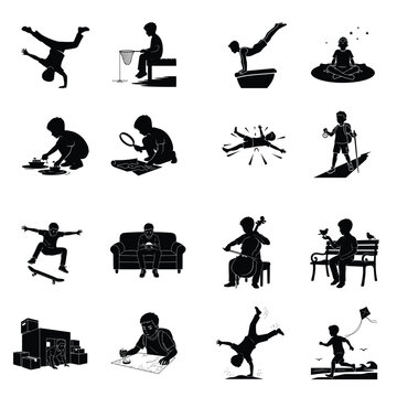 Children's diverse activities and hobbies in silhouette vector illustrations