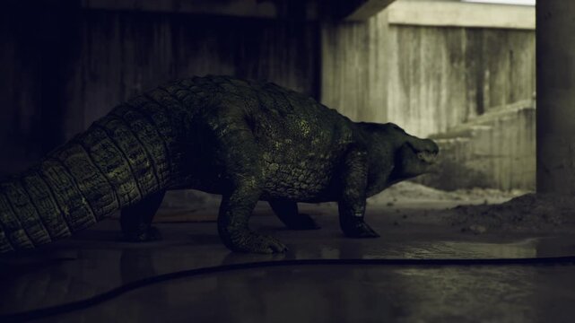 Moss laden crocodile beside concrete wall, faint overhead light reflecting on wet floor, heavy atmosphere, close perspective highlighting scales and silent