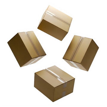 Brown cardboard boxes falling down floating in air transparent background