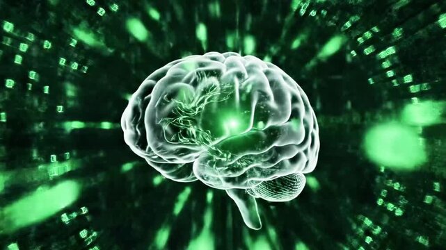 A glowing green brain surrounded by a tunnel of green binary code