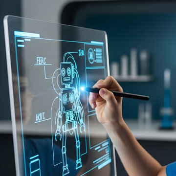 Child's Hand Illustrating a Modern Robot Design on a Digital Screen in a Bright and Innovative Workspace