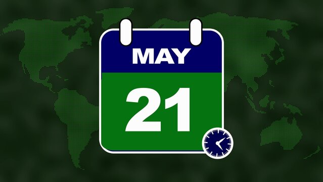 Calendar page showing May 21st with a clock and a world map background twenty one date