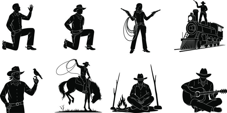 Collection of wild west silhouettes including cowboy riding horse, train robbery, campfire, and cowgirl with guns isolated on white background.