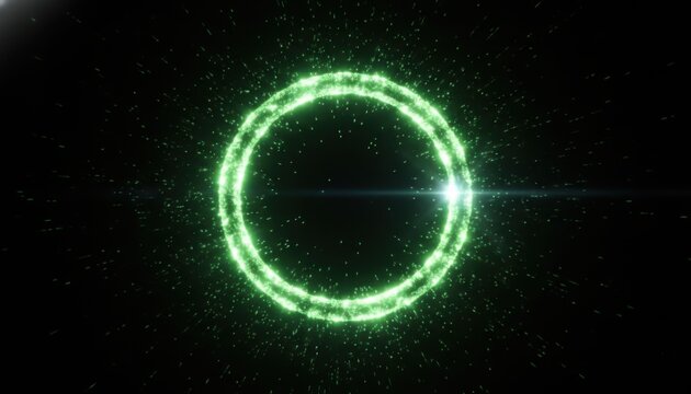 Vibrant green neon circle with sparkling dust particles, glowing aura, dark black background, futuristic energy ring, cinematic lighting, high-detail glow effect