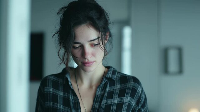 Woman Looking at Floor with Depressed and Sad Expression