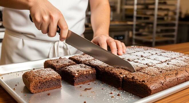Professional hands carefully slicing a tray of dark chocolate brownies dusted with powdered sugar into even square portions
