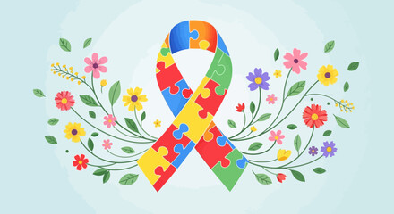 Fototapeta premium Colorful puzzle piece ribbon surrounded by flowers for autism awareness campaign on light blue background