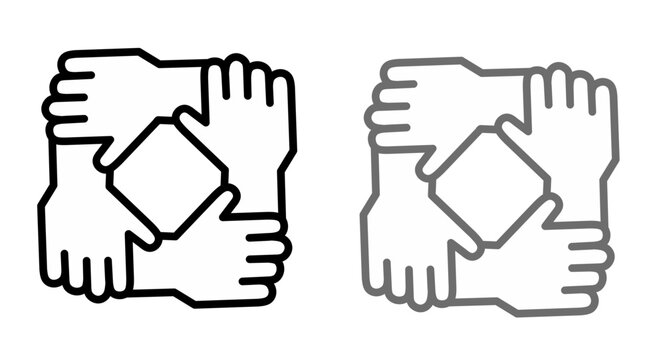 Vector icon featuring four interlocking hands forming a square, symbolizing teamwork, unity, collaboration, partnership, and strong community support. Vector illustration of teamwork icon set