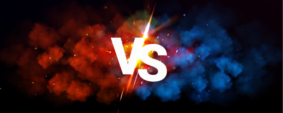 Dynamic versus background with blue and red smoke effect, fiery flare. Abstract vector vs banner with epic battle atmosphere and flash for sport competition and gaming posters
