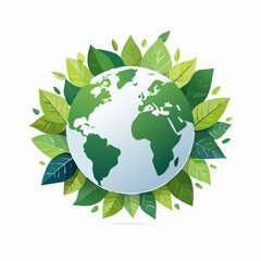 Fototapeta premium Vector illustration of the Earth surrounded by green leaves on a white background, symbolizing Earth Day and environmental conservation.