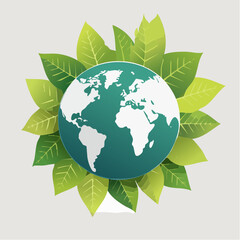 Fototapeta premium Vector illustration of a green globe surrounded by lush leaves, symbolizing Earth Day and environmental conservation on a clean background.