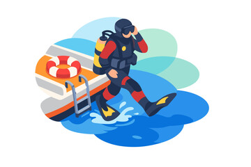 Scuba diver in full gear walking towards the water next to a boat. © nasyih