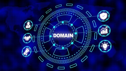 Obraz premium Digital Network Interface with DOMAIN Text and Business Icons on World Map Backdrop technology