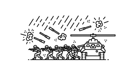 Naklejka premium Military helicopter and soldiers in combat, artillery fire, war scene illustration