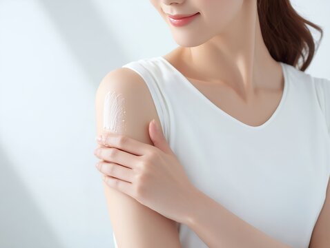 白いタンクトップを着て自分の腕にボディクリームを塗る美肌で笑顔の若い女性の上半身