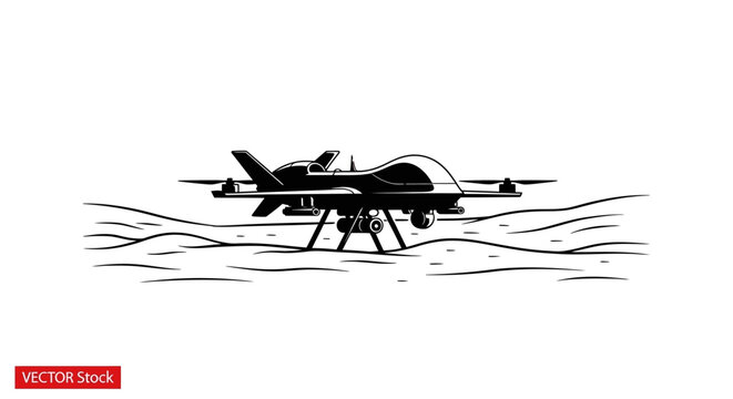 Military drone hovering over desert terrain, black and white illustration