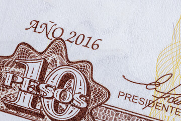 A high-quality macro photograph10 Cuban Pesos (CUP) banknote, issued in 2016.